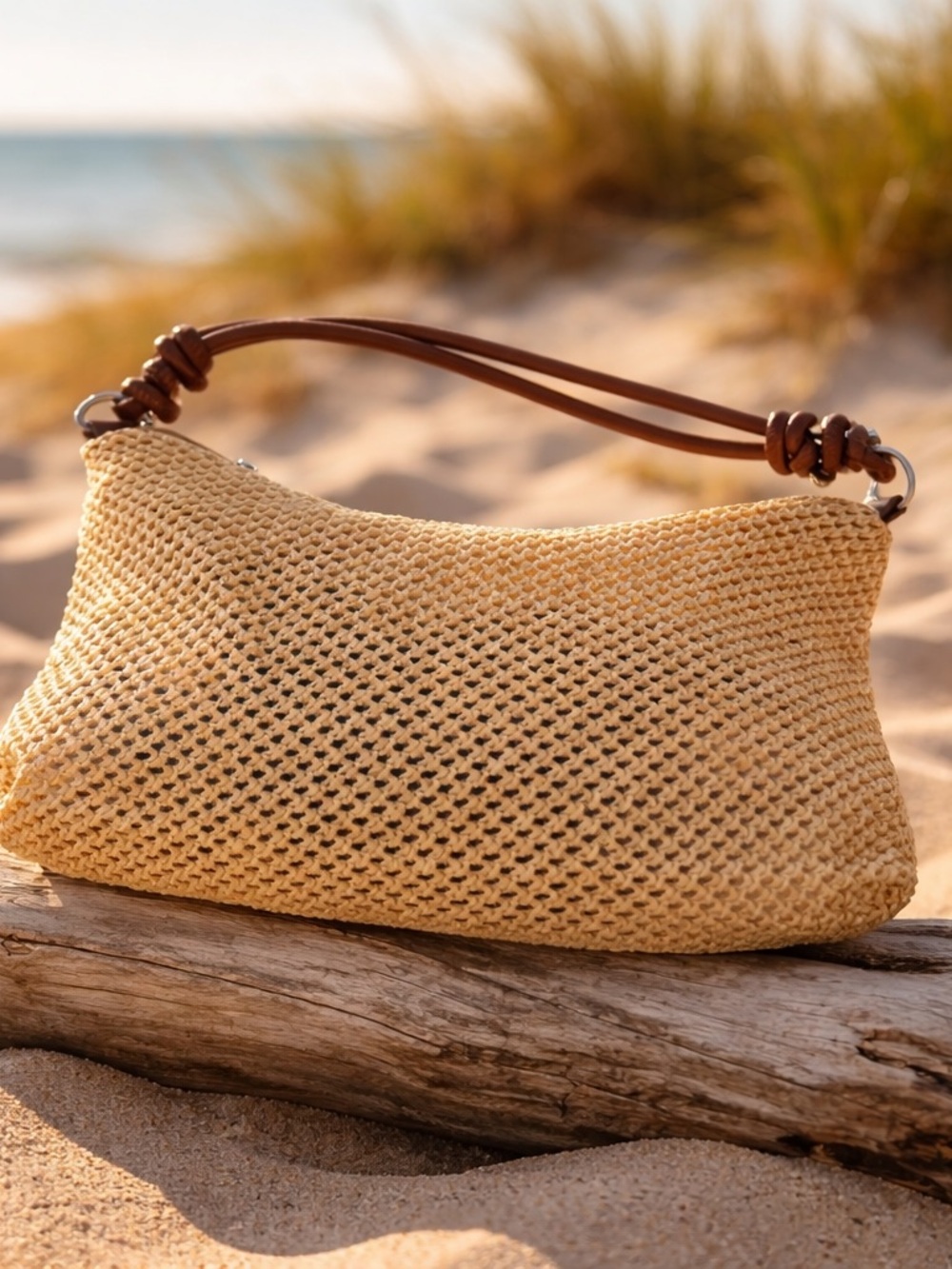 Handwoven Straw Shoulder Bag with Brown Leather Strap - Natural Beige